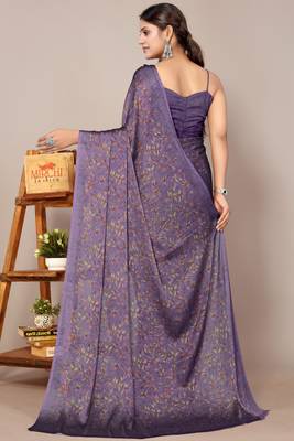 Dark lavender chiffon floral print leaf print saree with unstiched blouse piece 4