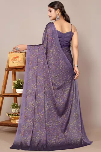 Dark lavender chiffon floral print leaf print saree with unstiched blouse piece