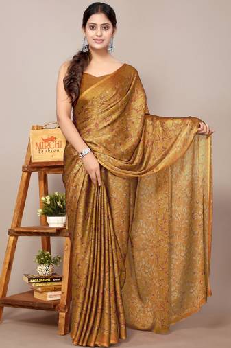 Mustard chiffon floral print leaf print saree with unstiched blouse piece