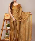 Mustard chiffon floral print leaf print saree with unstiched blouse piece
