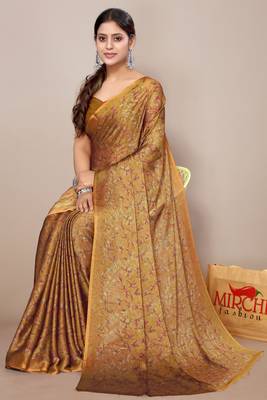 Mustard chiffon floral print leaf print saree with unstiched blouse piece 2