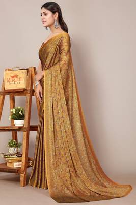 Mustard chiffon floral print leaf print saree with unstiched blouse piece 3