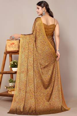 Mustard chiffon floral print leaf print saree with unstiched blouse piece 4