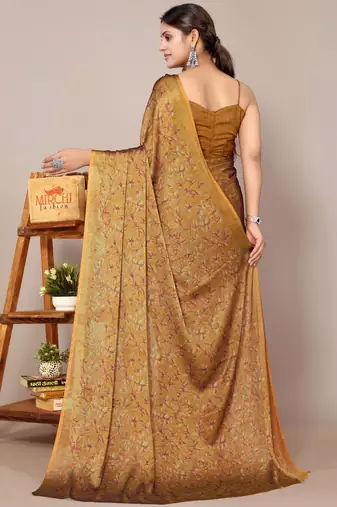 Mustard chiffon floral print leaf print saree with unstiched blouse piece