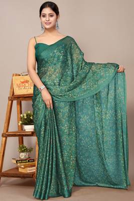 Teal green chiffon floral print leaf print saree with unstiched blouse piece 1