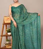 Teal green chiffon floral print leaf print saree with unstiched blouse piece