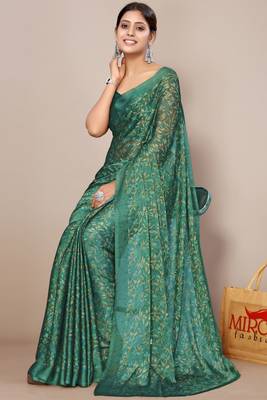 Teal green chiffon floral print leaf print saree with unstiched blouse piece 2