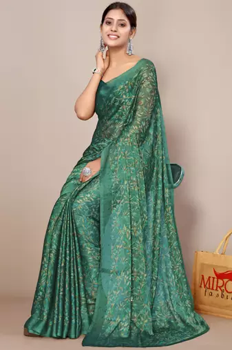 Teal green chiffon floral print leaf print saree with unstiched blouse piece