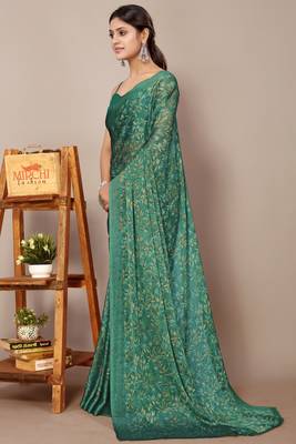 Teal green chiffon floral print leaf print saree with unstiched blouse piece 3
