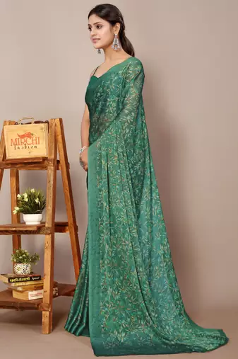 Teal green chiffon floral print leaf print saree with unstiched blouse piece