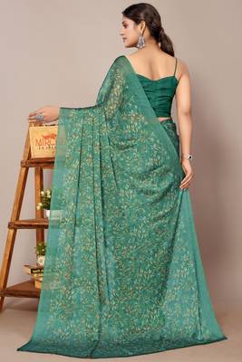 Teal green chiffon floral print leaf print saree with unstiched blouse piece 4