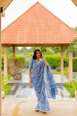 Dusty turquoise cotton blend floral print crochet lace saree with unstiched blouse piece 1