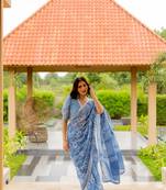 Dusty blue cotton blend floral print crochet lace saree with unstiched blouse piece