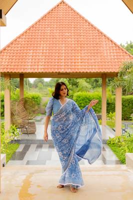 Dusty turquoise cotton blend floral print crochet lace saree with unstiched blouse piece 2