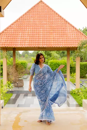 Dusty turquoise cotton blend floral print crochet lace saree with unstiched blouse piece