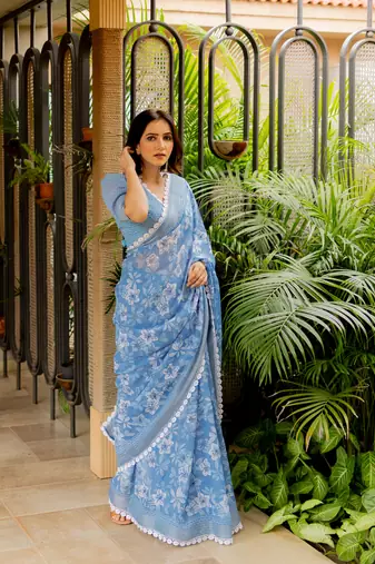 Dusty turquoise cotton blend floral print crochet lace saree with unstiched blouse piece
