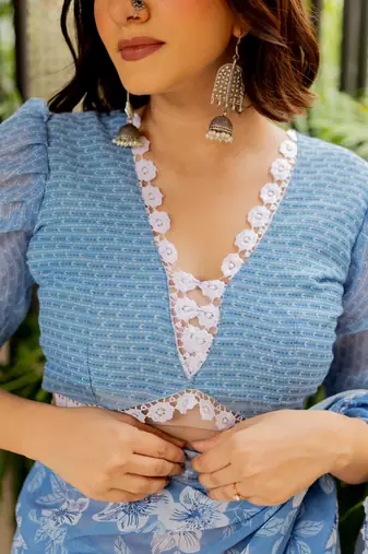 Dusty turquoise cotton blend floral print crochet lace saree with unstiched blouse piece