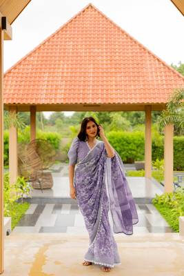 Dusty lavender cotton blend floral print crochet lace saree with unstiched blouse piece 1