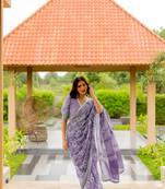 Dusty lavender cotton blend floral print crochet lace saree with unstiched blouse piece
