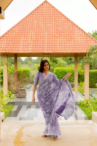 Dusty lavender cotton blend floral print crochet lace saree with unstiched blouse piece