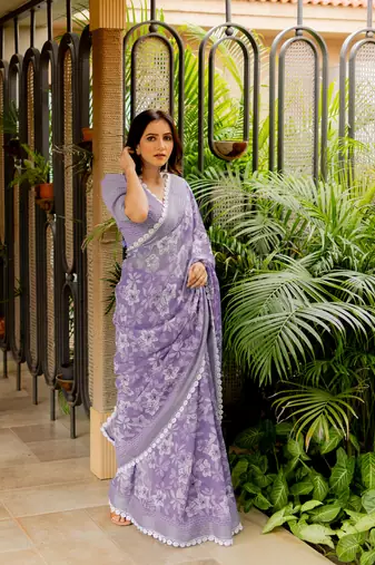 Dusty lavender cotton blend floral print crochet lace saree with unstiched blouse piece