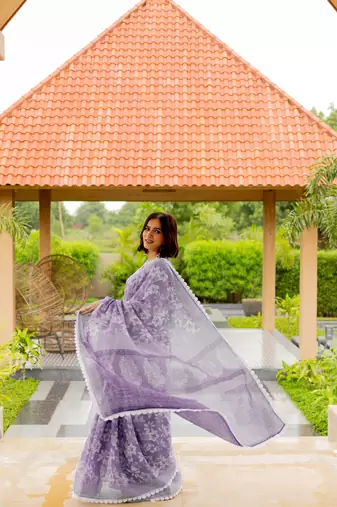 Dusty lavender cotton blend floral print crochet lace saree with unstiched blouse piece