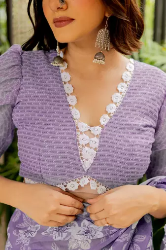 Dusty lavender cotton blend floral print crochet lace saree with unstiched blouse piece