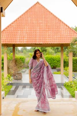 Light pink cotton blend floral print crochet lace saree with unstiched blouse piece 1