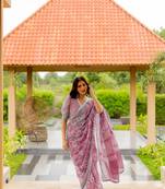 Light pink cotton blend floral print crochet lace saree with unstiched blouse piece