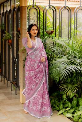 Light pink cotton blend floral print crochet lace saree with unstiched blouse piece 3