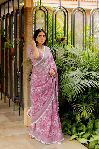 Light pink cotton blend floral print crochet lace saree with unstiched blouse piece