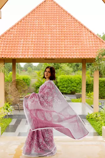 Light pink cotton blend floral print crochet lace saree with unstiched blouse piece