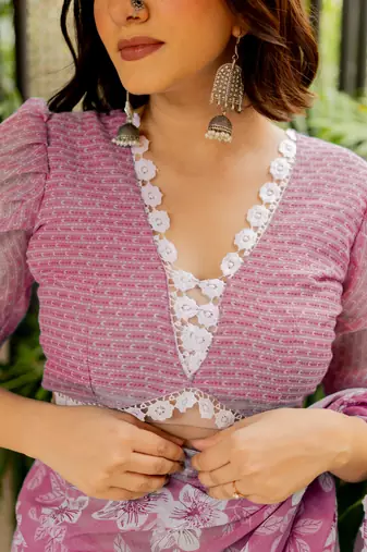 Light pink cotton blend floral print crochet lace saree with unstiched blouse piece