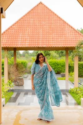 Dusty turquoise cotton blend floral print crochet lace saree with unstiched blouse piece 1
