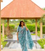 Dusty turquoise cotton blend floral print crochet lace saree with unstiched blouse piece