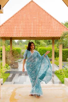 Dusty turquoise cotton blend floral print crochet lace saree with unstiched blouse piece 2