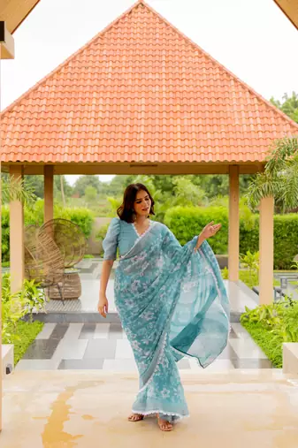 Dusty turquoise cotton blend floral print crochet lace saree with unstiched blouse piece