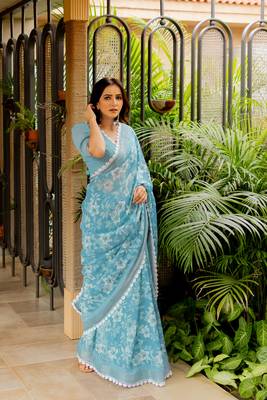 Dusty turquoise cotton blend floral print crochet lace saree with unstiched blouse piece 3