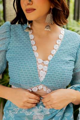 Dusty turquoise cotton blend floral print crochet lace saree with unstiched blouse piece 5