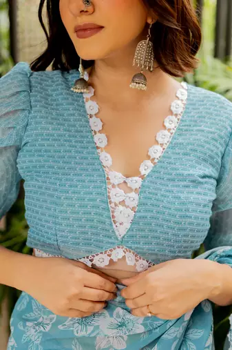 Dusty turquoise cotton blend floral print crochet lace saree with unstiched blouse piece