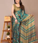 Teal chiffon floral print stripes print saree with unstiched blouse piece