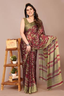 Maroon chiffon floral print stripes print saree with unstiched blouse piece 1