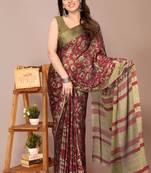 Maroon chiffon floral print stripes print saree with unstiched blouse piece
