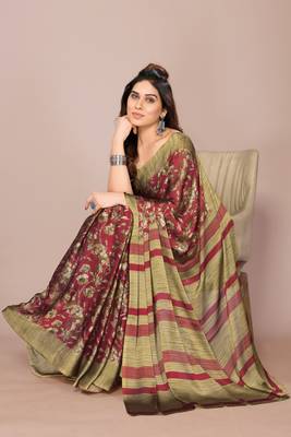 Maroon chiffon floral print stripes print saree with unstiched blouse piece 2
