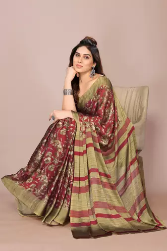 Maroon chiffon floral print stripes print saree with unstiched blouse piece