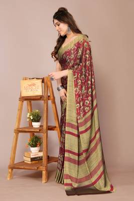 Maroon chiffon floral print stripes print saree with unstiched blouse piece 3