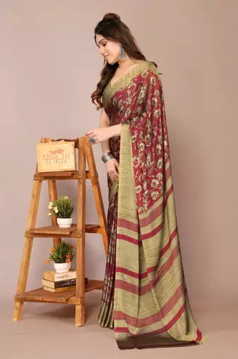 Maroon chiffon floral print stripes print saree with unstiched blouse piece