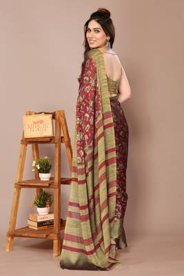 Maroon chiffon floral print stripes print saree with unstiched blouse piece 4