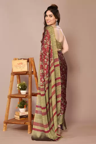 Maroon chiffon floral print stripes print saree with unstiched blouse piece