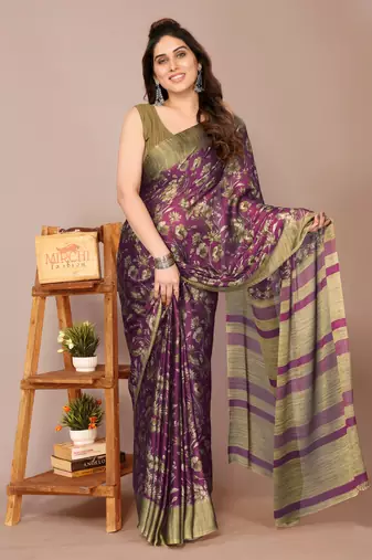 Wine chiffon floral print stripes print saree with unstiched blouse piece